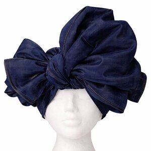 Dark Blue Denim Turban Headwrap with Oversized Bow